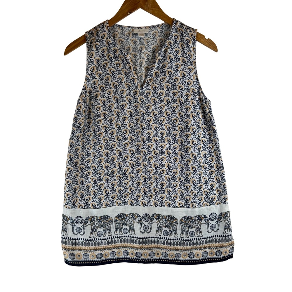 J.Jill Love Linen Blue Gold Elephant Floral Paisley Sleeveless Tunic Top XS